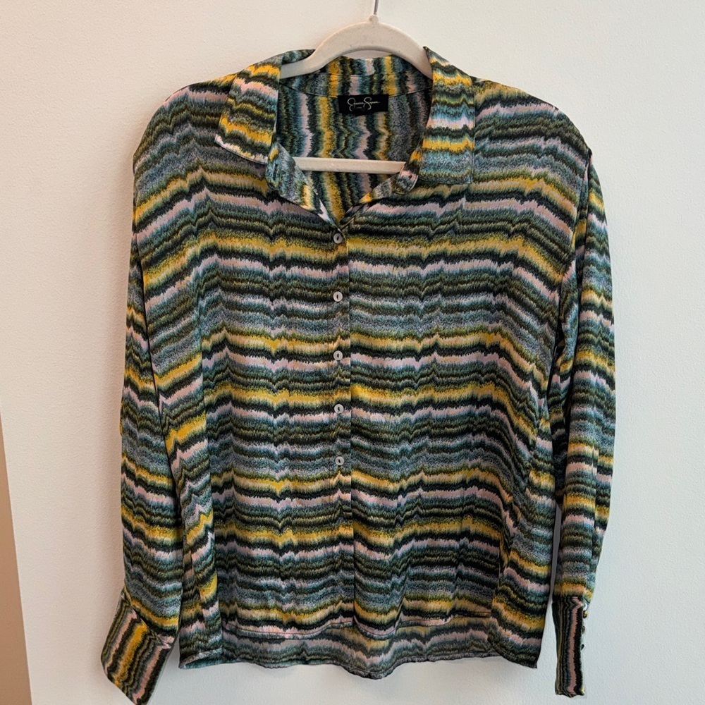 Jessica Simpson Striped Colorful Retro Button Down Satin Shirt Size M
